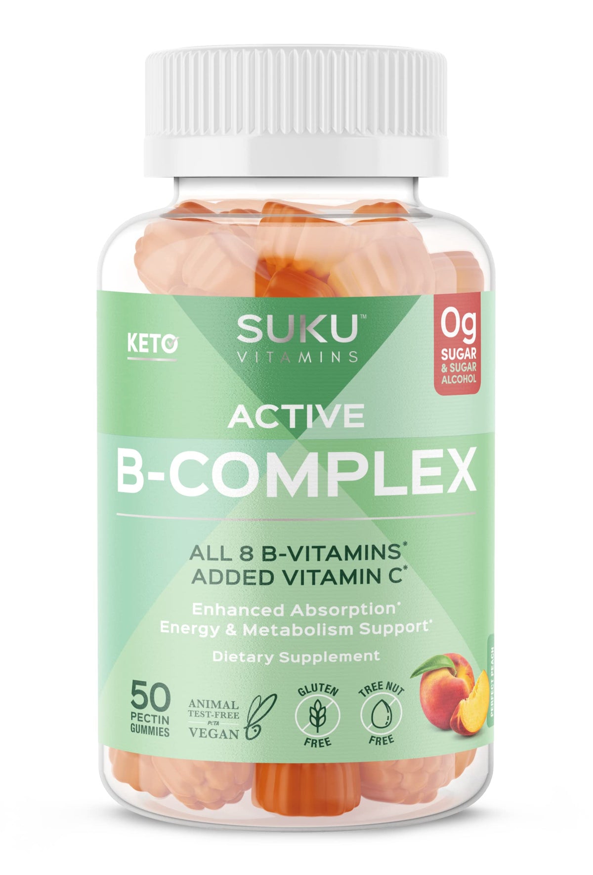 Front view of SUKU Vitamin B Complex Gummies Peach flavor bottle