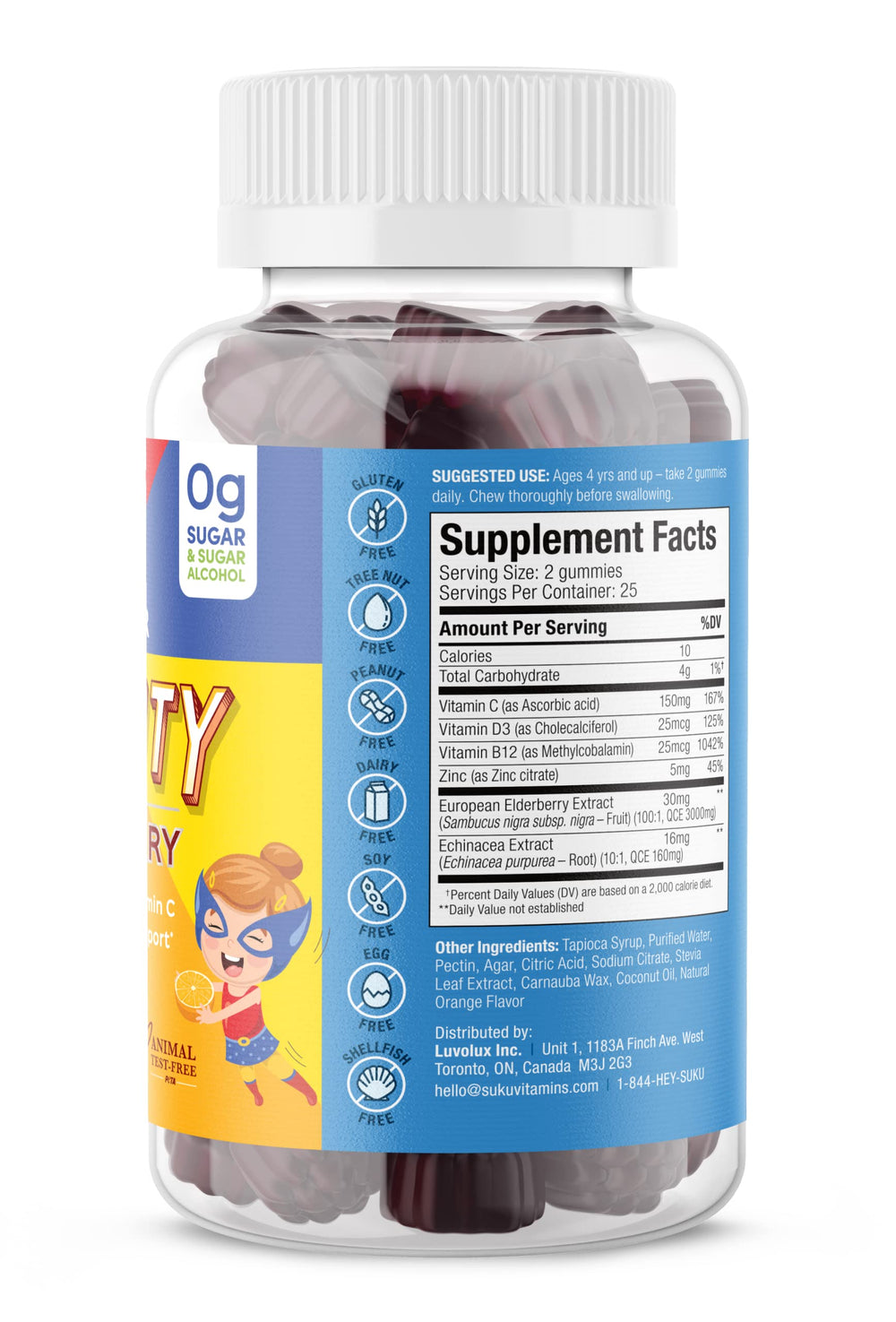 Front view of SUKU Vitamins Kids Immunity Gummies Pomegranate Lime flavor 50 count