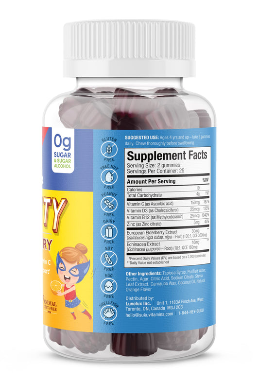 Front view of SUKU Vitamins Kids Immunity Gummies Pomegranate Lime flavor 50 count