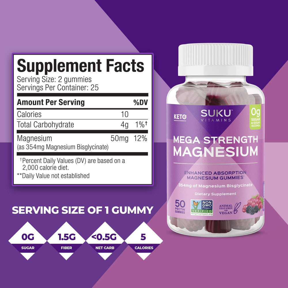 Gluten-free, non-GMO, vegan SUKU Magnesium Gummies label