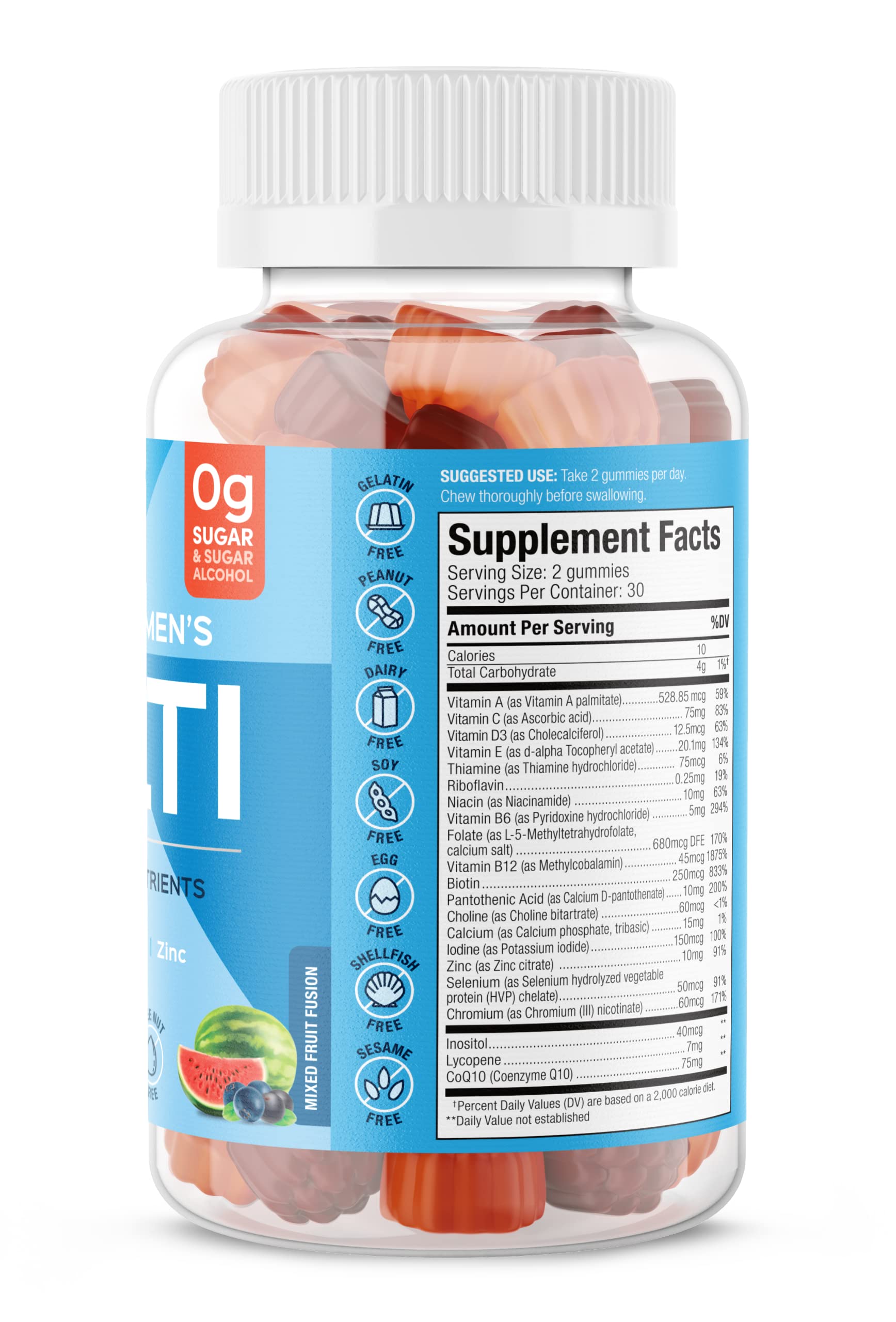 Nutrition facts highlighting vitamins A, C, D3, E, B12 and Zinc