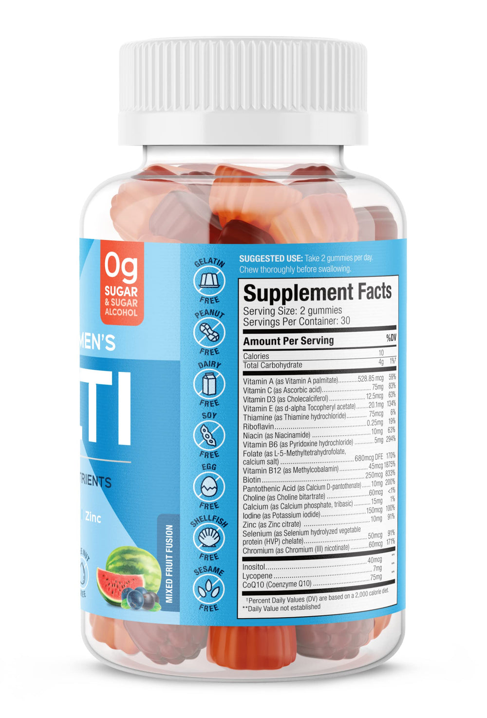 Nutrition facts highlighting vitamins A, C, D3, E, B12 and Zinc