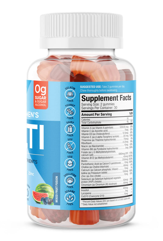 Nutrition facts highlighting vitamins A, C, D3, E, B12 and Zinc