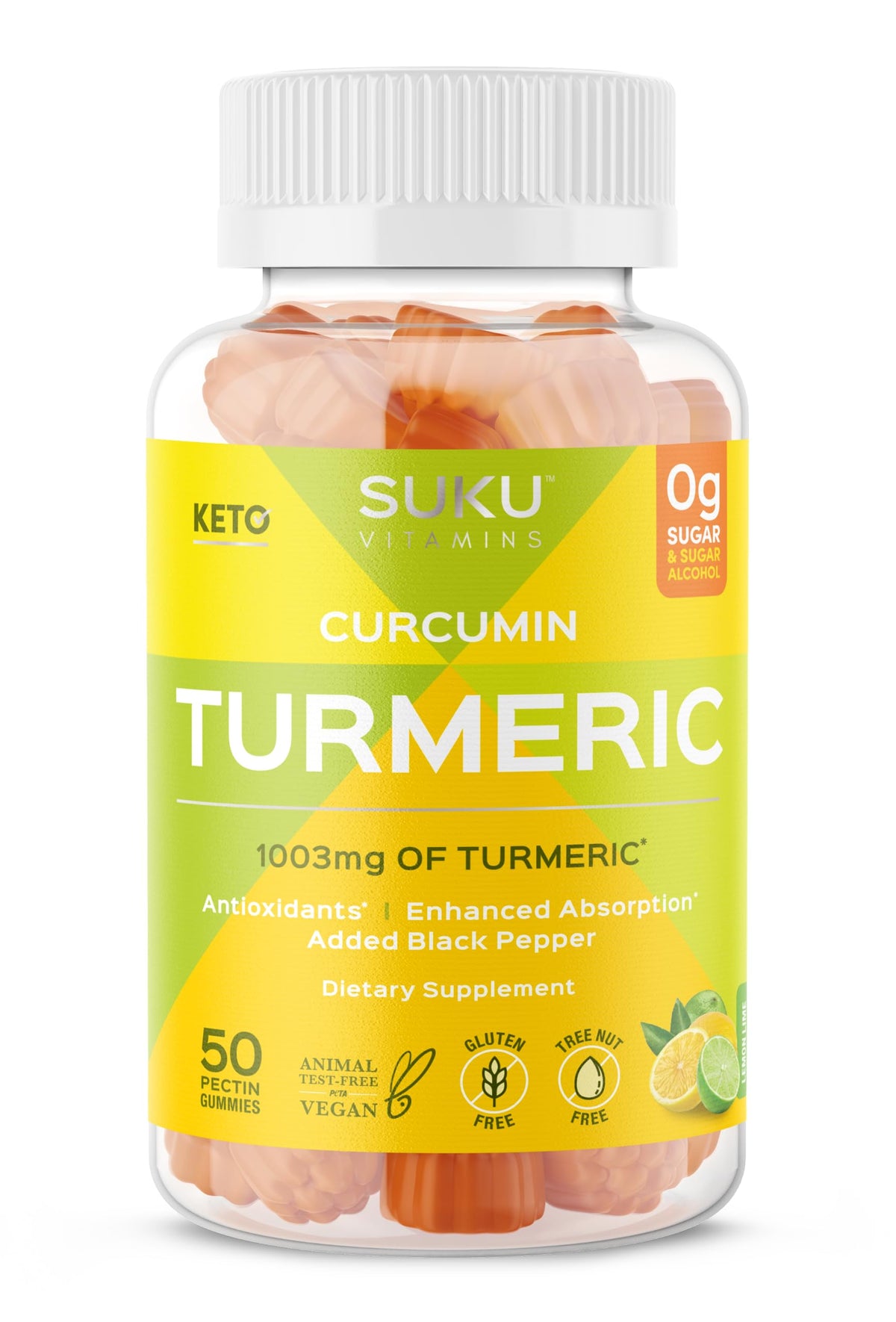 Front view of SUKU Turmeric Curcumin Gummies Lemon Lime flavor bottle with 50 gummies