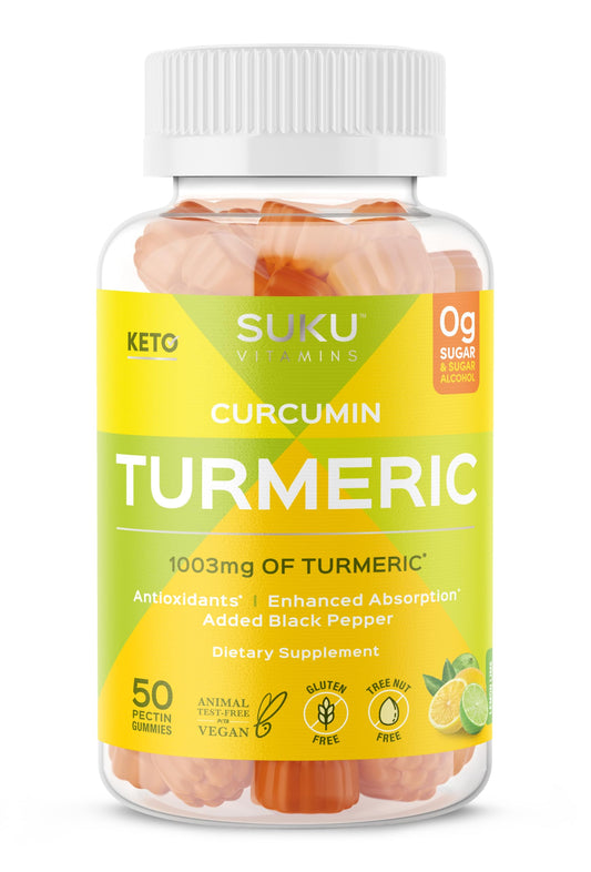 Front view of SUKU Turmeric Curcumin Gummies Lemon Lime flavor bottle with 50 gummies
