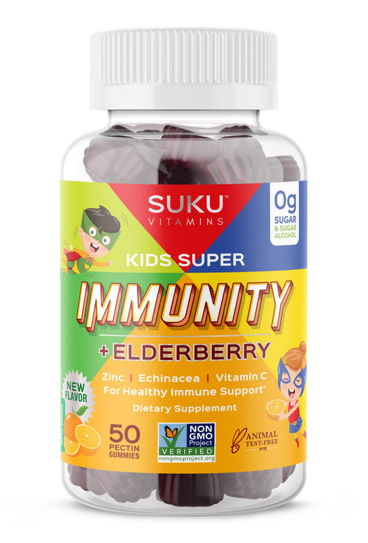 Front package view of SUKU Vitamins Kids Immunity Gummies Elderberry Echinacea Pomegranate Lime 50 count