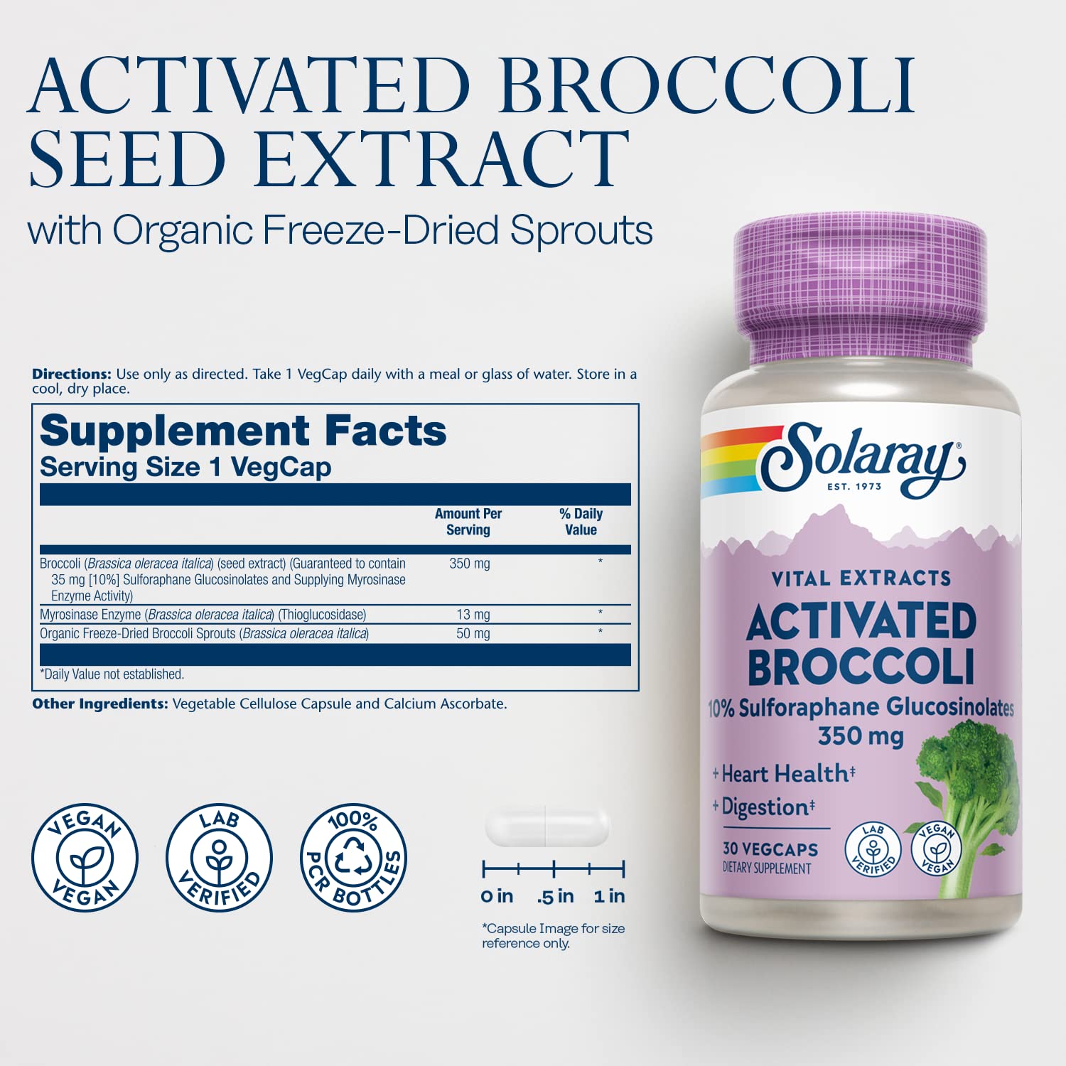 Supplement facts panel for SOLARAY Activated Broccoli Seed Extract