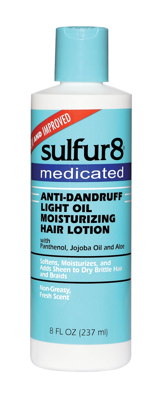 Sulfur 8 medicated oil bottle providing dry scalp relief and gentle conditioning.