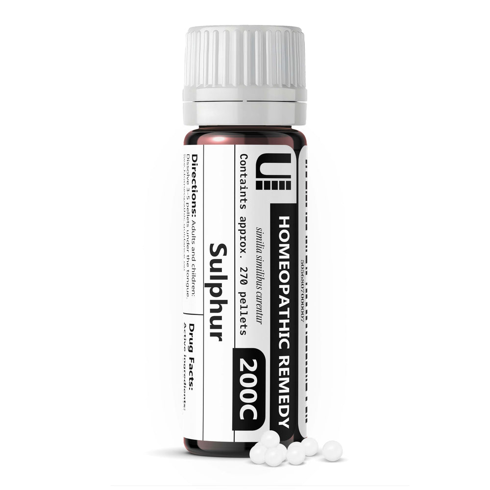Sulphur 200C homeopathic remedy bottle with 270 pellets
