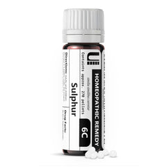 Sulphur 6C homeopathic remedy bottle with 270 lactose-free pellets