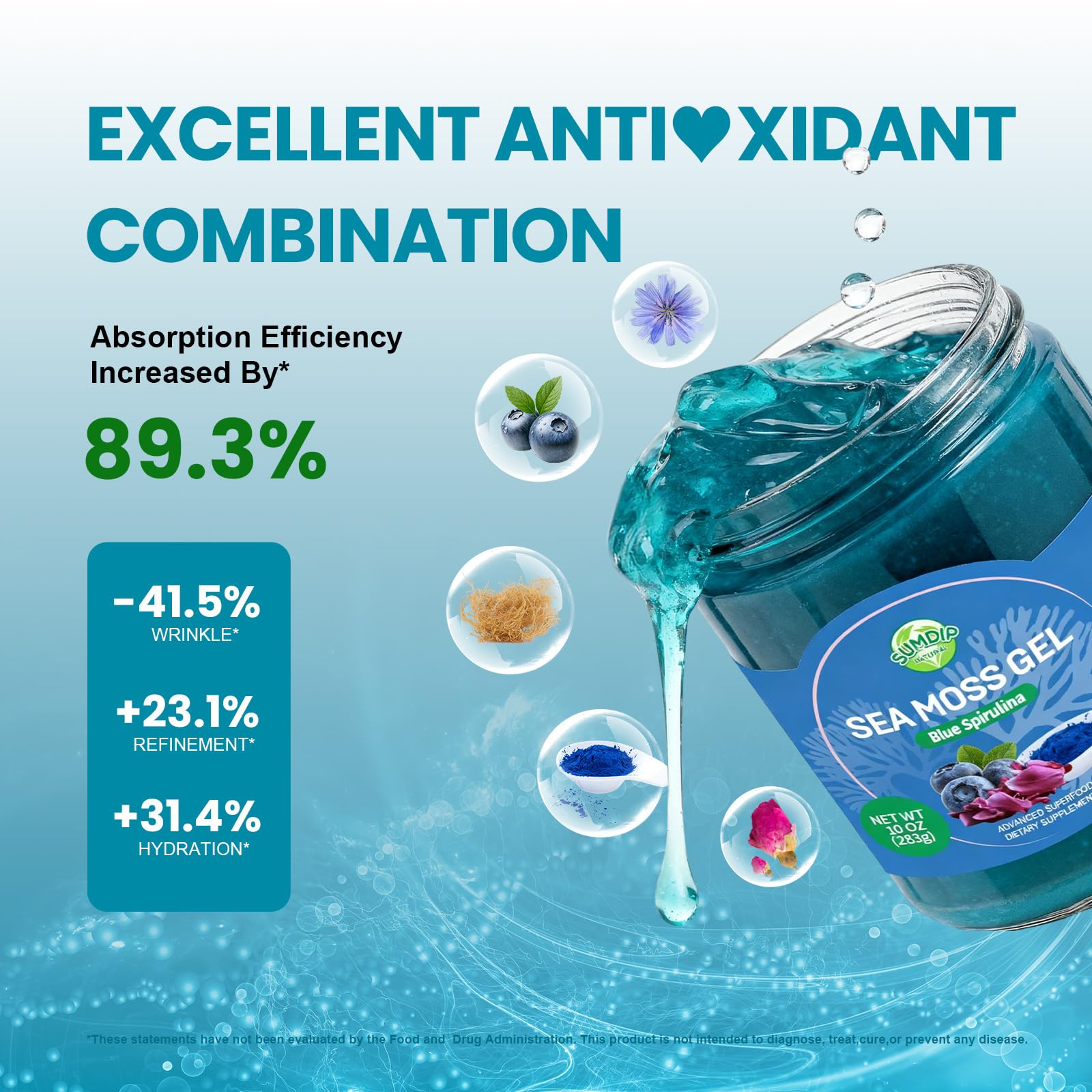 Ingredients: wildcrafted Irish sea moss, blue spirulina and blueberries