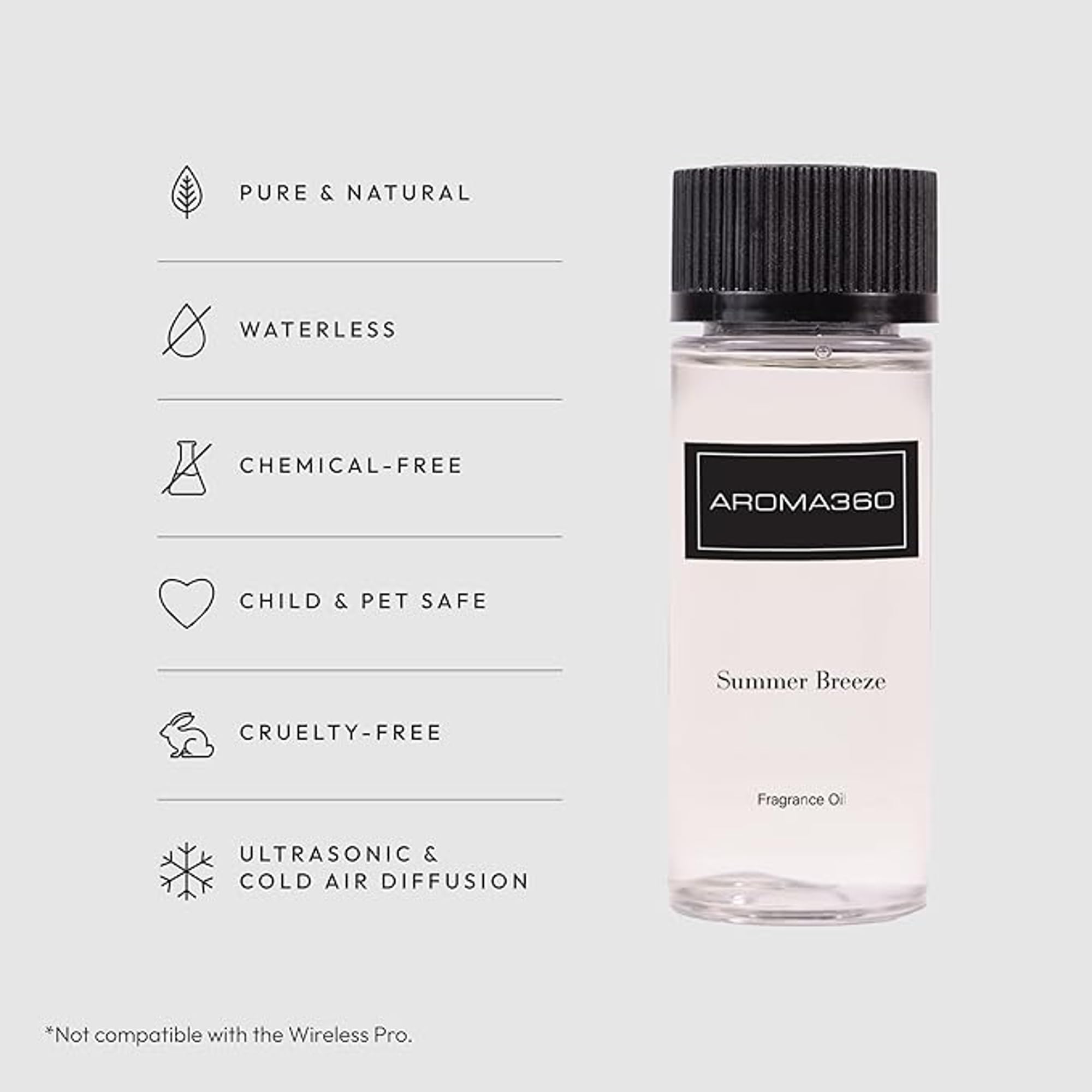 Lineup of Aroma360 diffuser oils including Summer Breeze