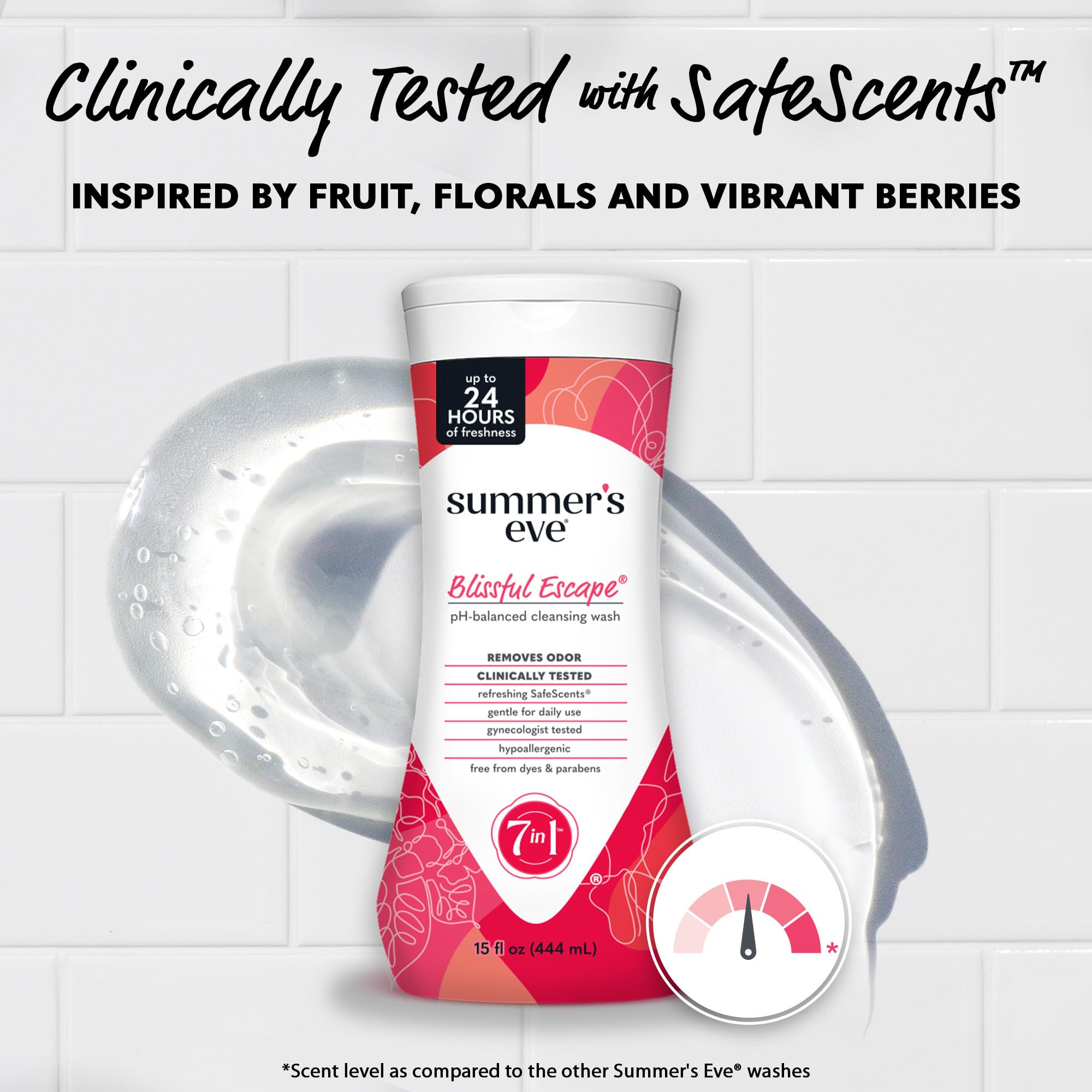 Summer's Eve Blissful Escape shower routine image suggests all-over cleansing confidence.