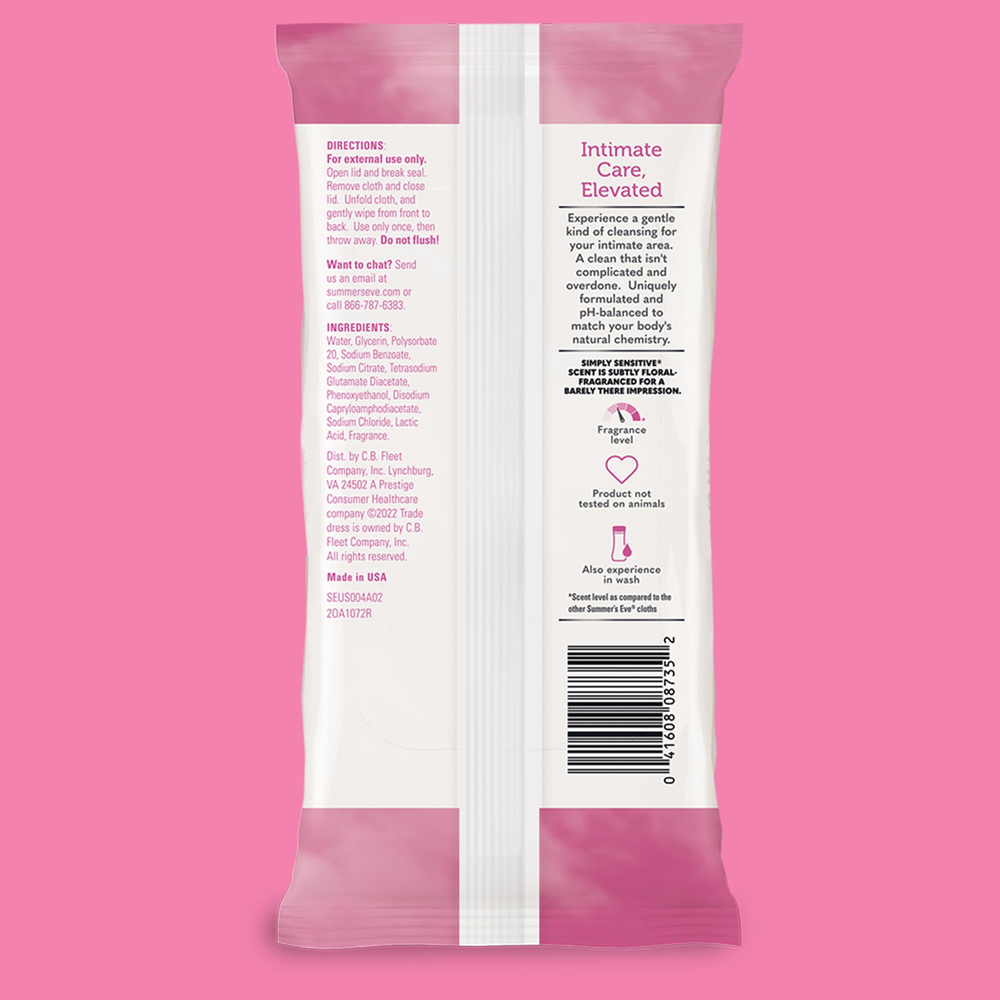 Summer's Eve Simply Sensitive free-from-dyes-parabens label highlights gentle formulation for everyday reassurance.