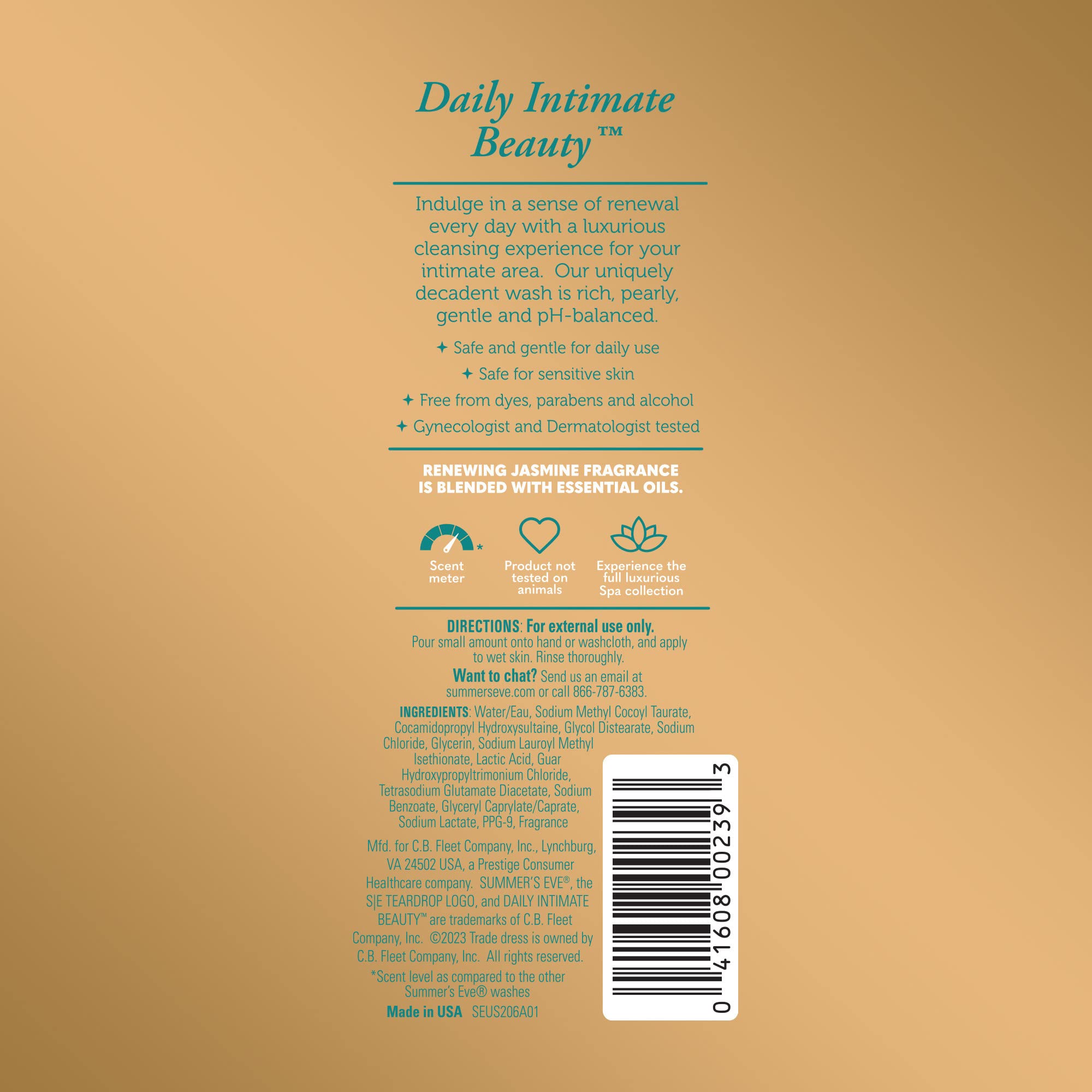 Packaging of Summer's Eve Spa Renewing Jasmine Wash emphasizes fragrance and safety for sensitive skin.