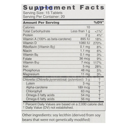 Close-up of Sun Chlorella packaging highlighting vegan, gluten-free, non-GMO features