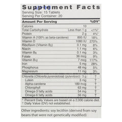 Close-up of Sun Chlorella packaging highlighting vegan, gluten-free, non-GMO features