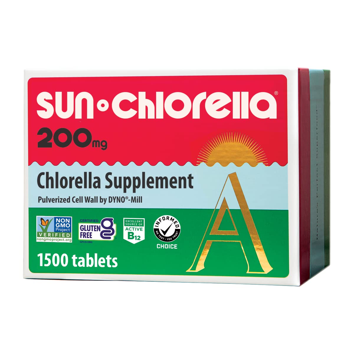 Front view of Sun Chlorella 200 mg bottle and tablets