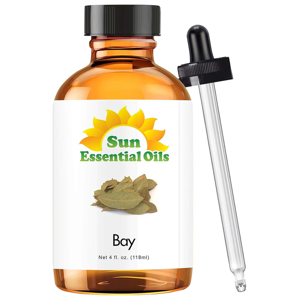 4 oz amber bottle of bay essential oil with dropper