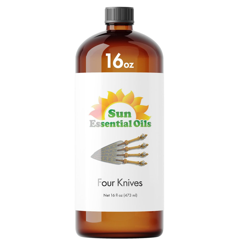 Four Knives essential oil blend in amber 16 oz bottle