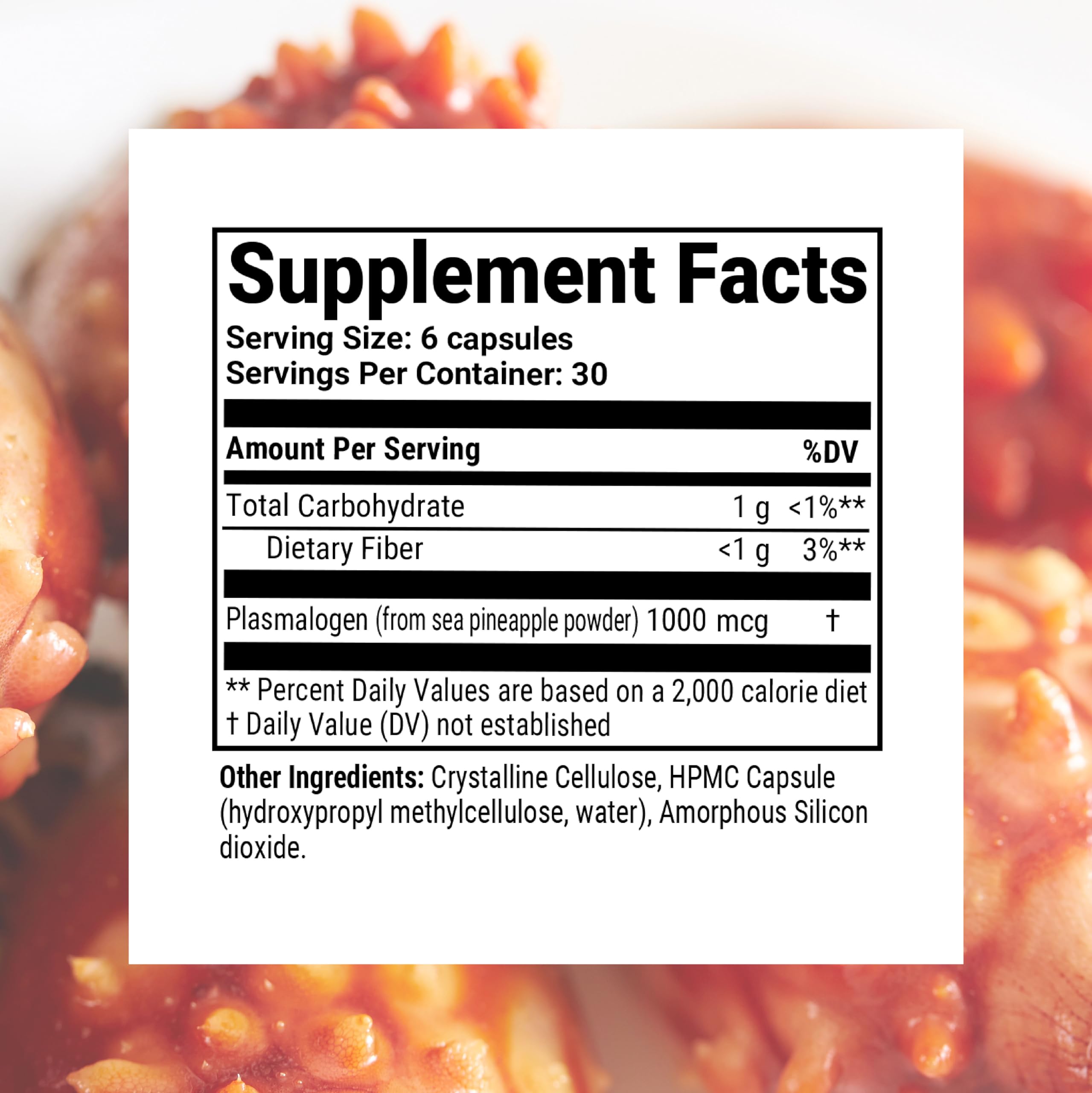Close-up of plasmalogen and sea pineapple ingredients on label