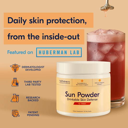 Close-up of Sun Powder Mocha skincare support supplement bottle label