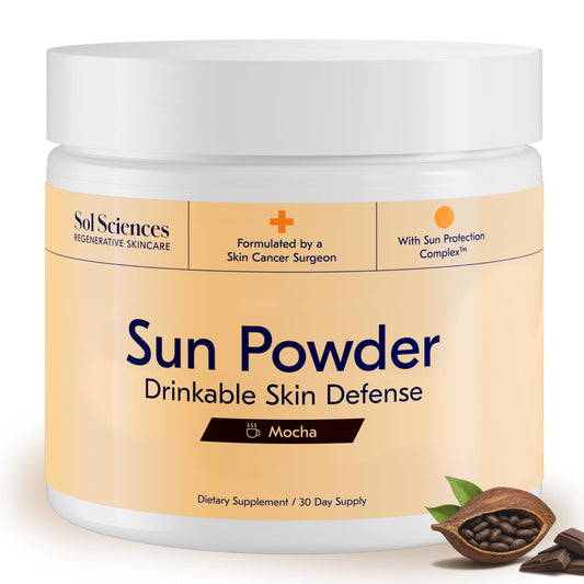 Sun Powder Mocha skincare support supplement bottle on packaging