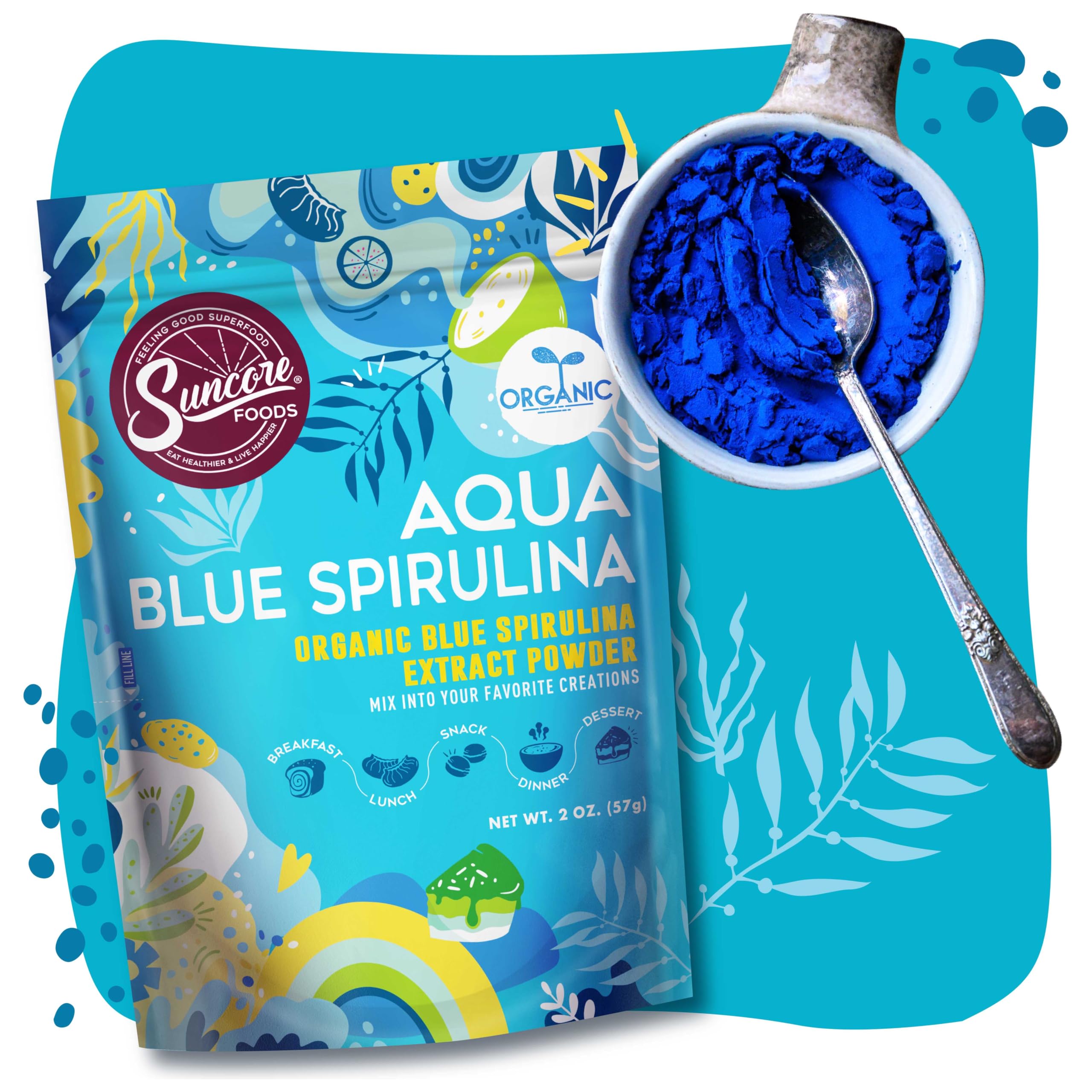 Resealable pouch with Suncore Aqua Blue Spirulina Powder