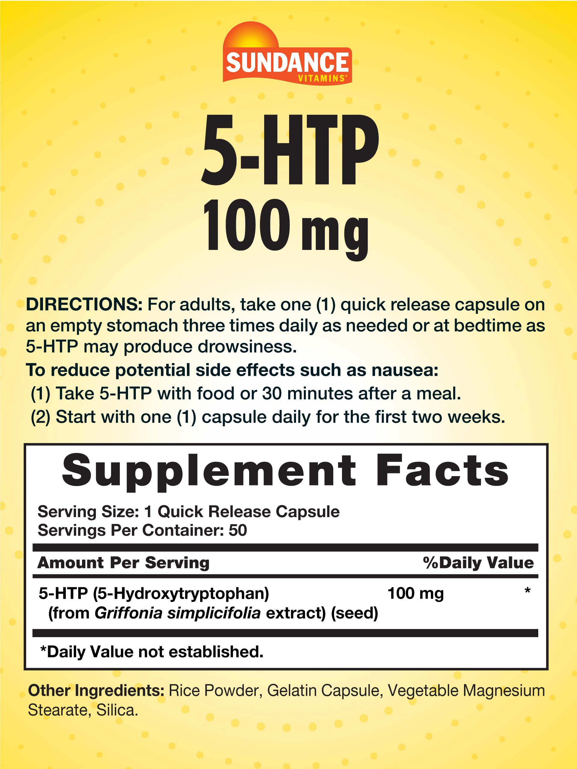 Close-up of Sundance 5-HTP 100mg capsules
