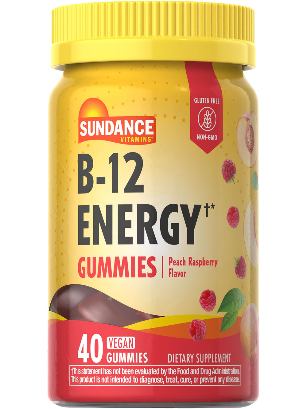 Front view of Sundance Vitamin B-12 Energy Gummies bottle in peach raspberry flavor