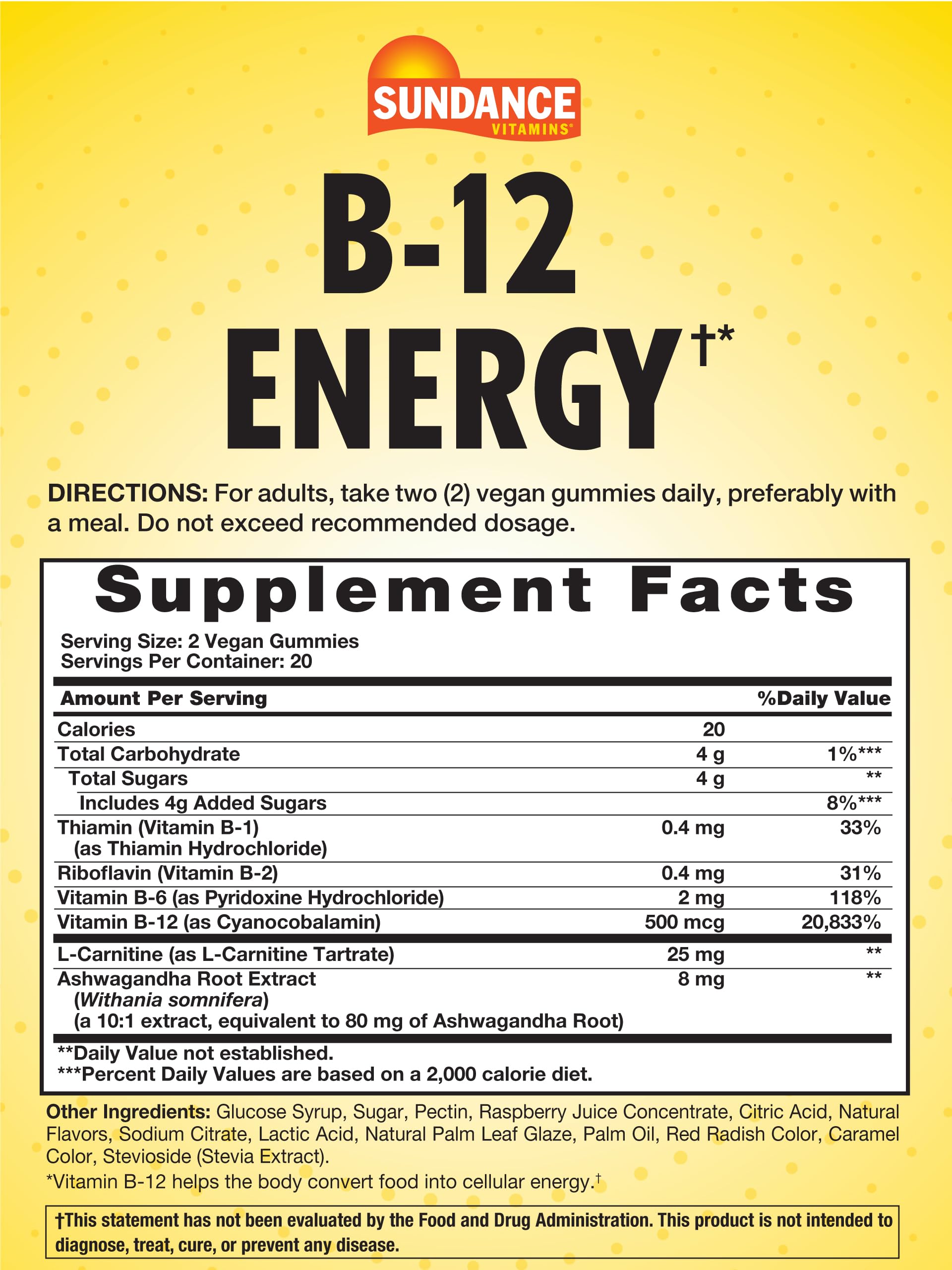 Nutritional information and key ingredients for Sundance B-12 Energy Gummies