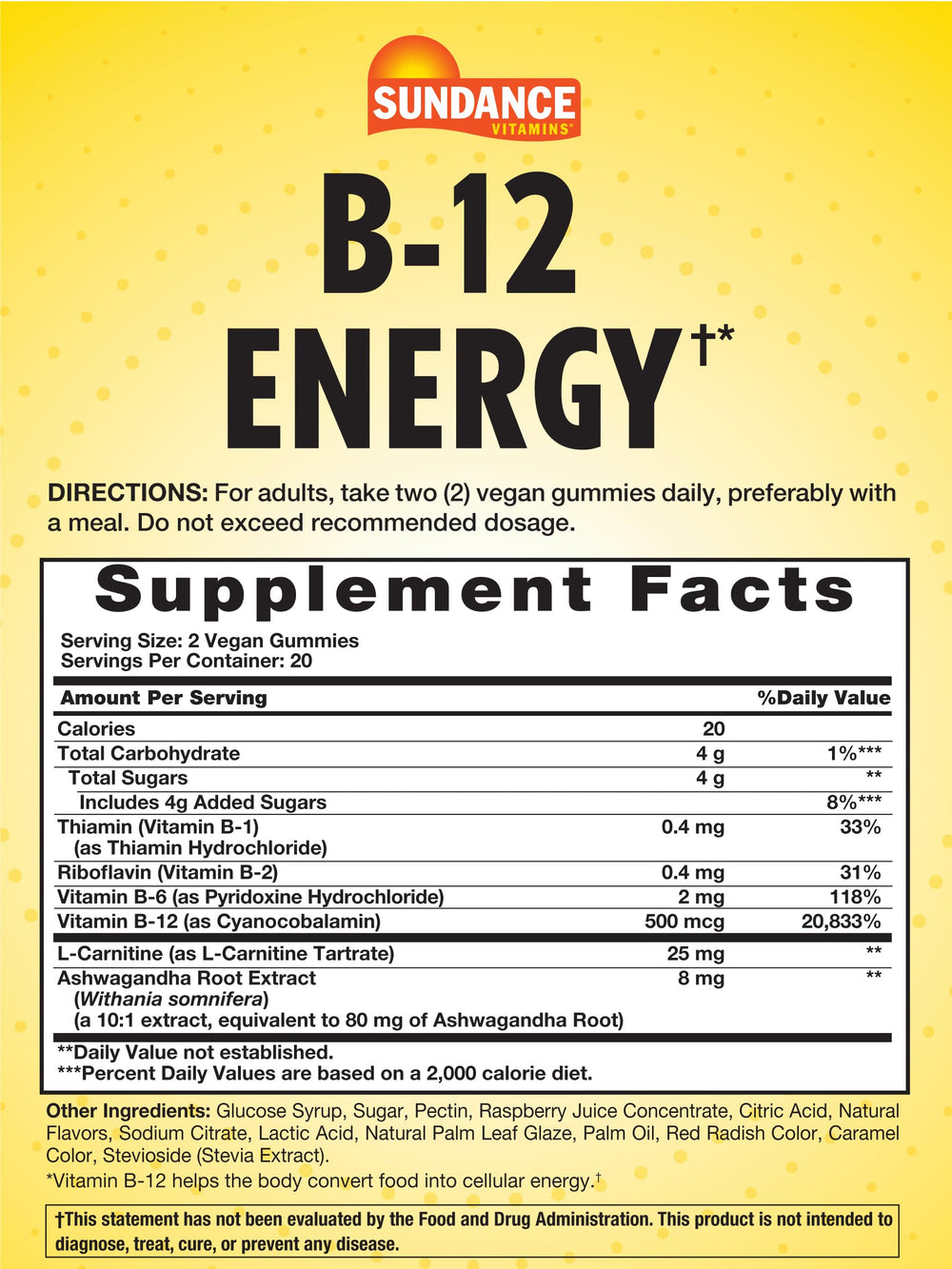 Nutritional information and key ingredients for Sundance B-12 Energy Gummies