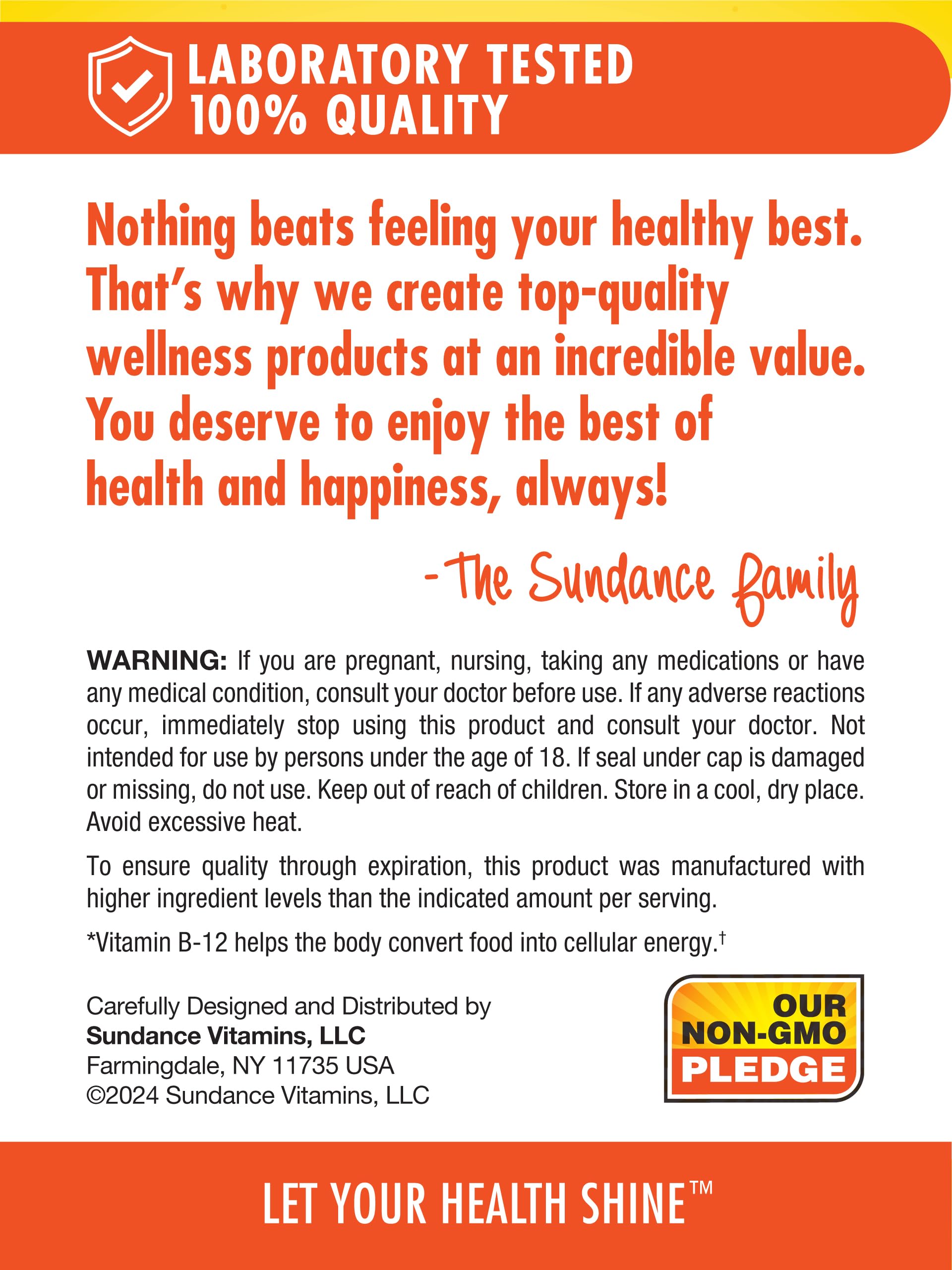 Vegan, non-GMO, gluten-free Sundance B-12 Energy Gummies badge on packaging