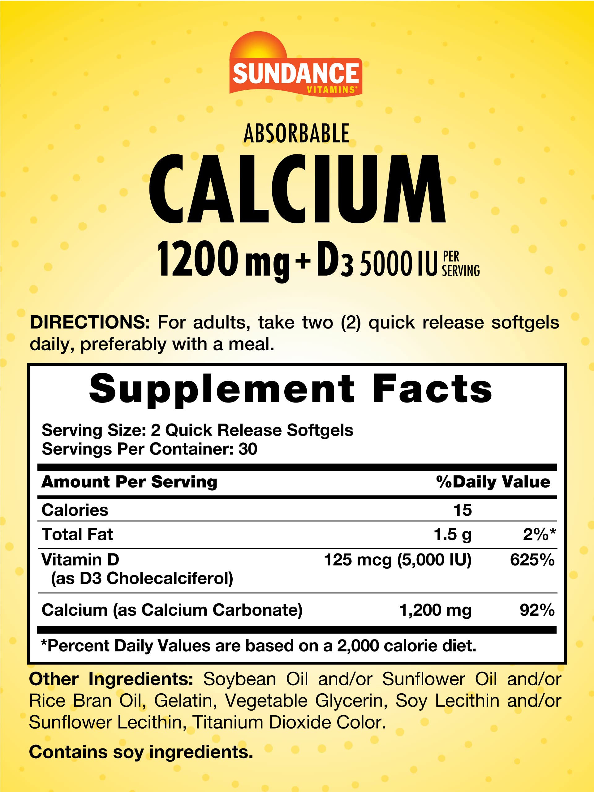 Bottle of Sundance Calcium 1200 mg + Vitamin D3 5000 IU 60 softgels