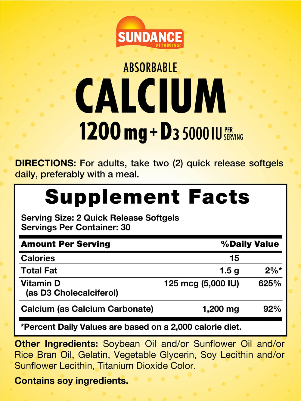 Bottle of Sundance Calcium 1200 mg + Vitamin D3 5000 IU 60 softgels