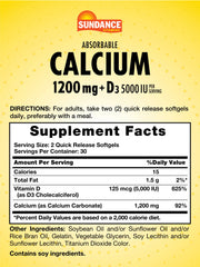 Bottle of Sundance Calcium 1200 mg + Vitamin D3 5000 IU 60 softgels