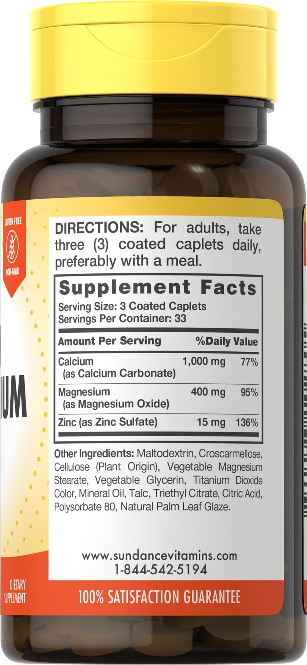 Ingredient highlights: Calcium 1000 mg, Magnesium 400 mg, Zinc 15 mg per serving