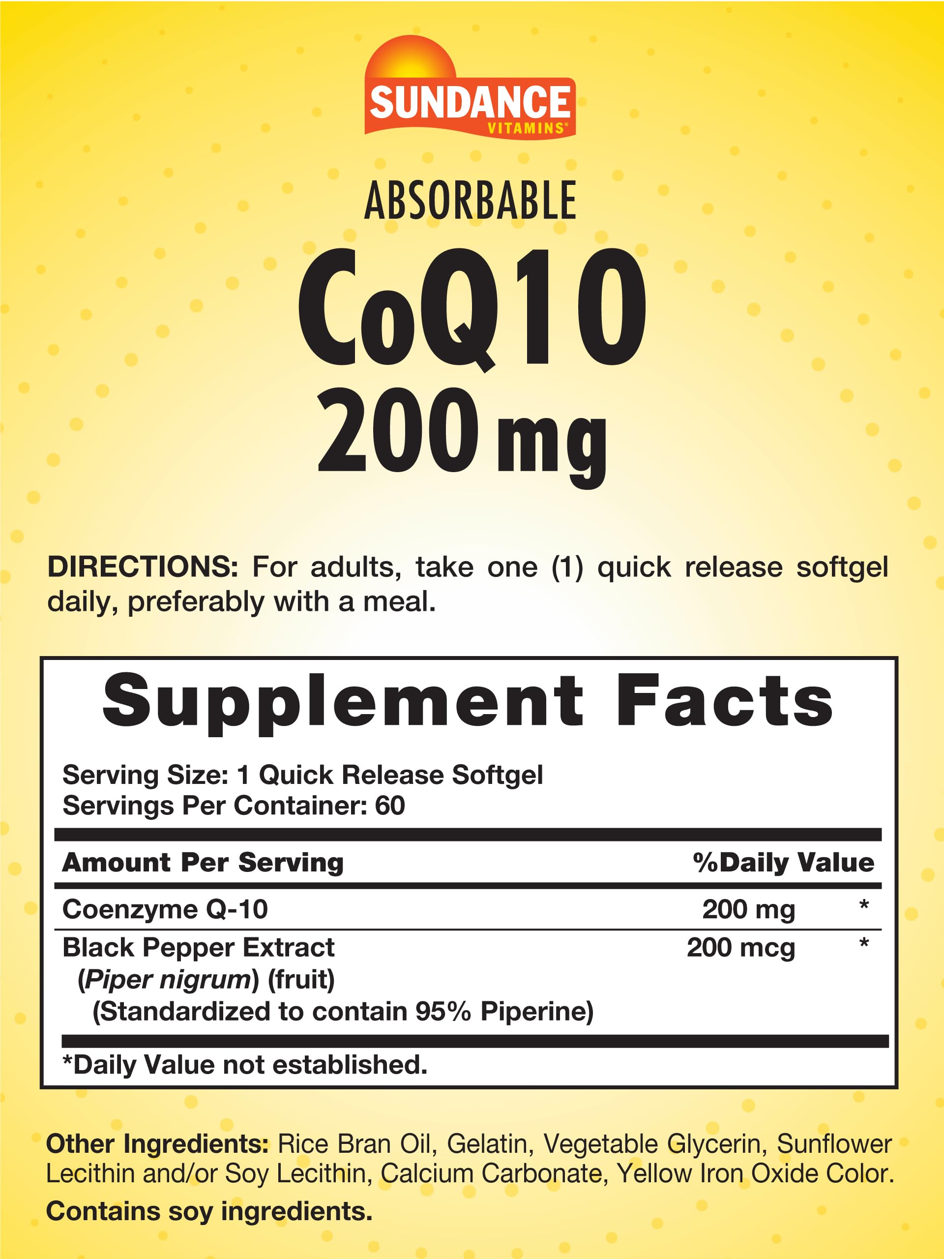 Close-up of Sundance CoQ10 200mg softgels label