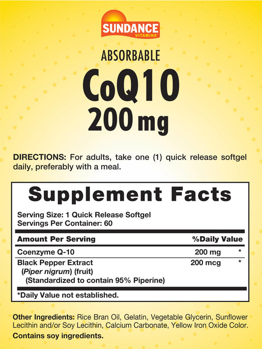 Close-up of Sundance CoQ10 200mg softgels label