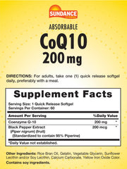 Close-up of Sundance CoQ10 200mg softgels label