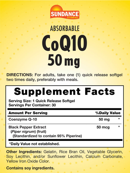 Close-up of CoQ10 softgels showing 50 mg per capsule