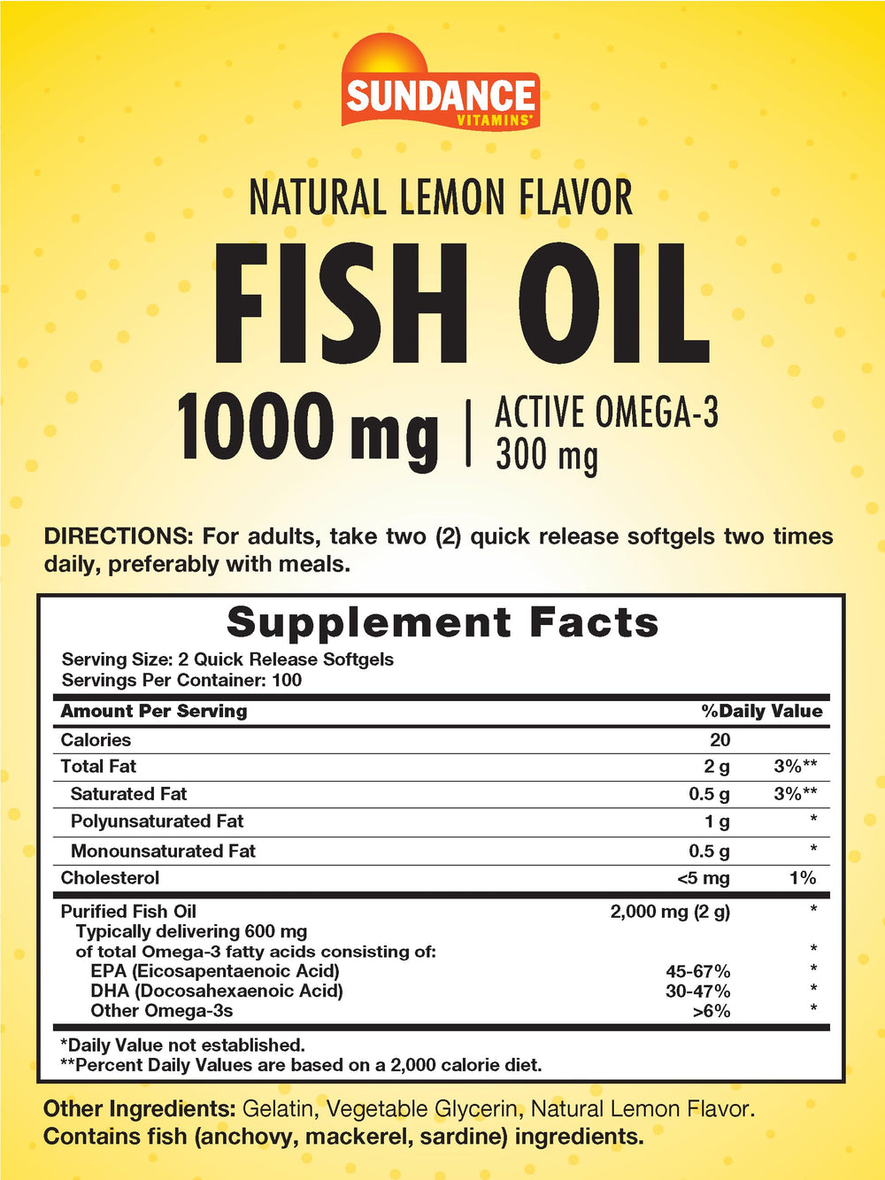 Omega-3 nutrition label on Sundance Fish Oil Softgels