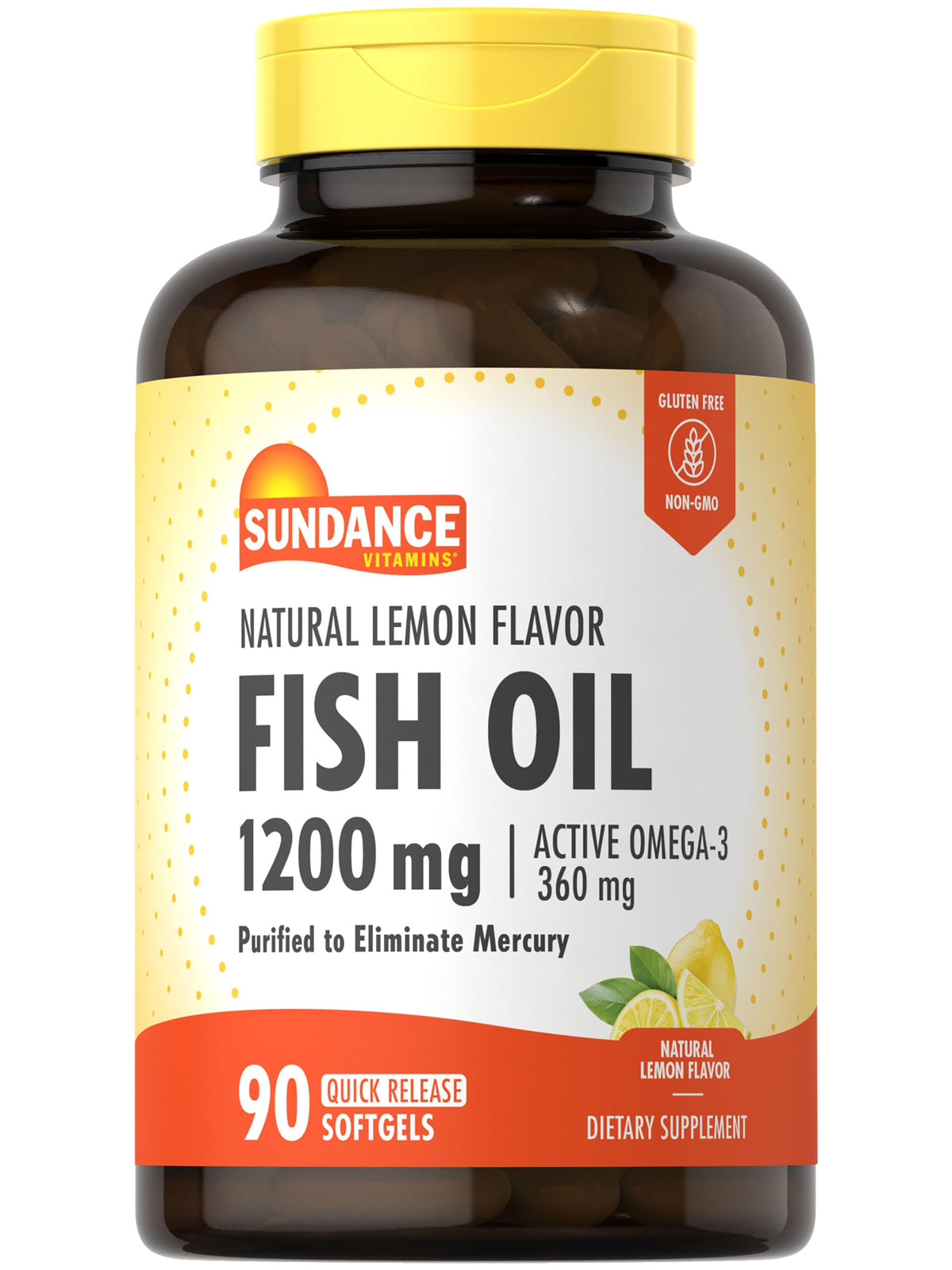 Bottle of Sundance Fish Oil Softgels showing 1200 mg per serving