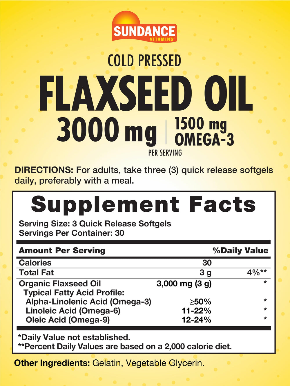Back label showing supplement facts for Sundance Flaxseed Oil 3000mg