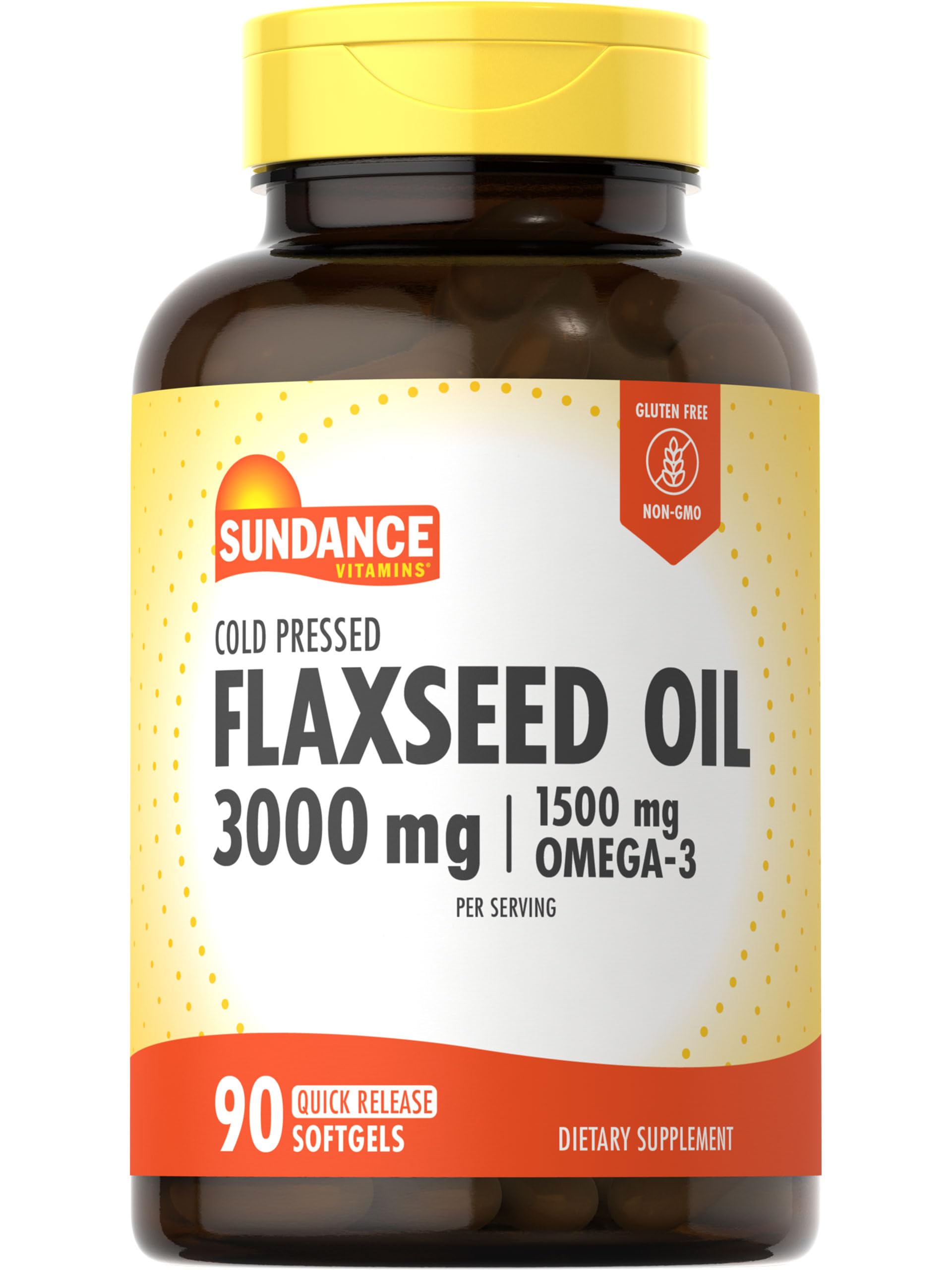 Front view of Sundance Flaxseed Oil 3000mg bottle with 90 softgels