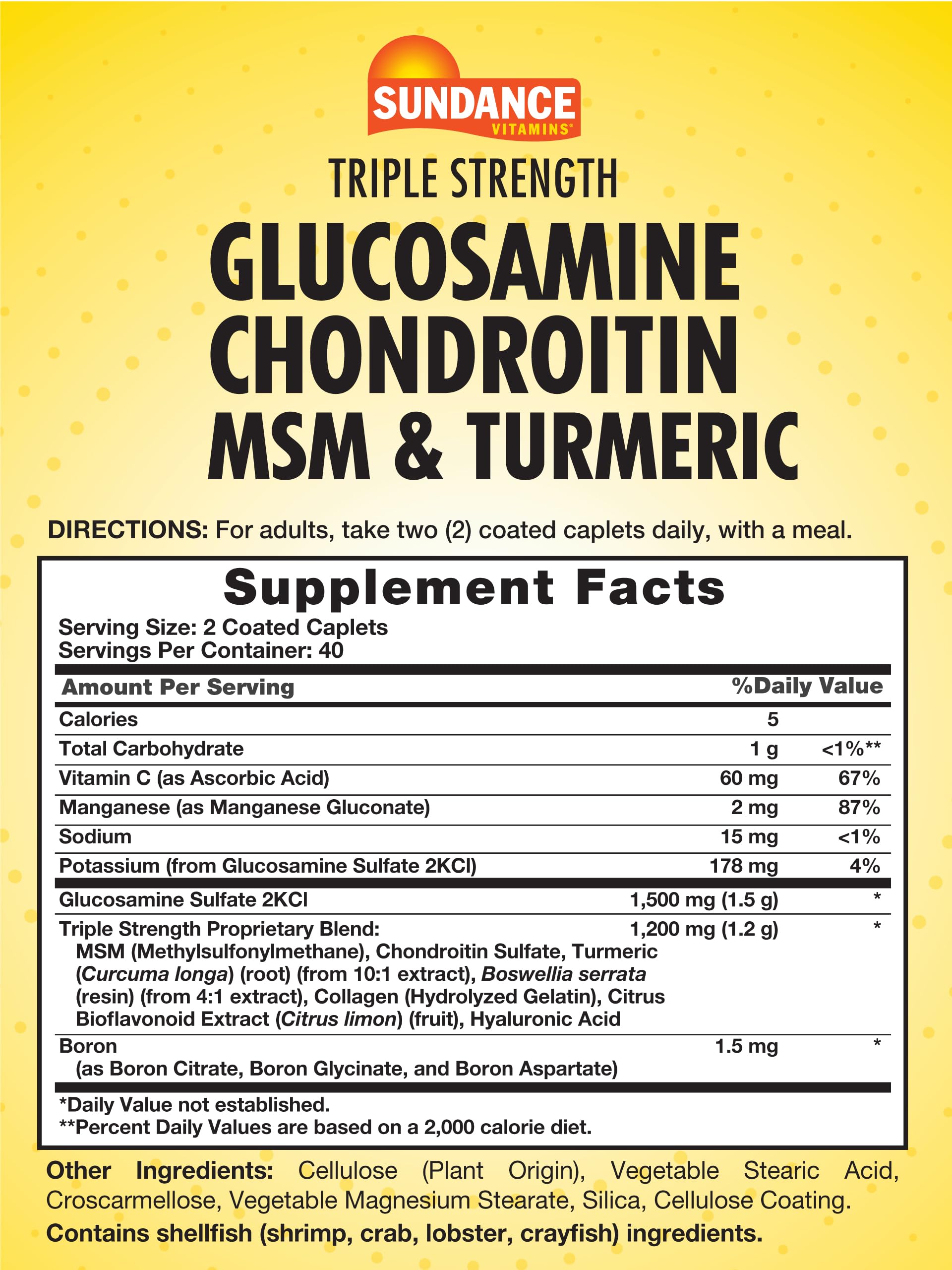Close-up of Sundance Glucosamine Chondroitin with MSM and Turmeric caplets