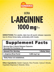 60 count bottle packaging of Sundance L-Arginine 1000mg