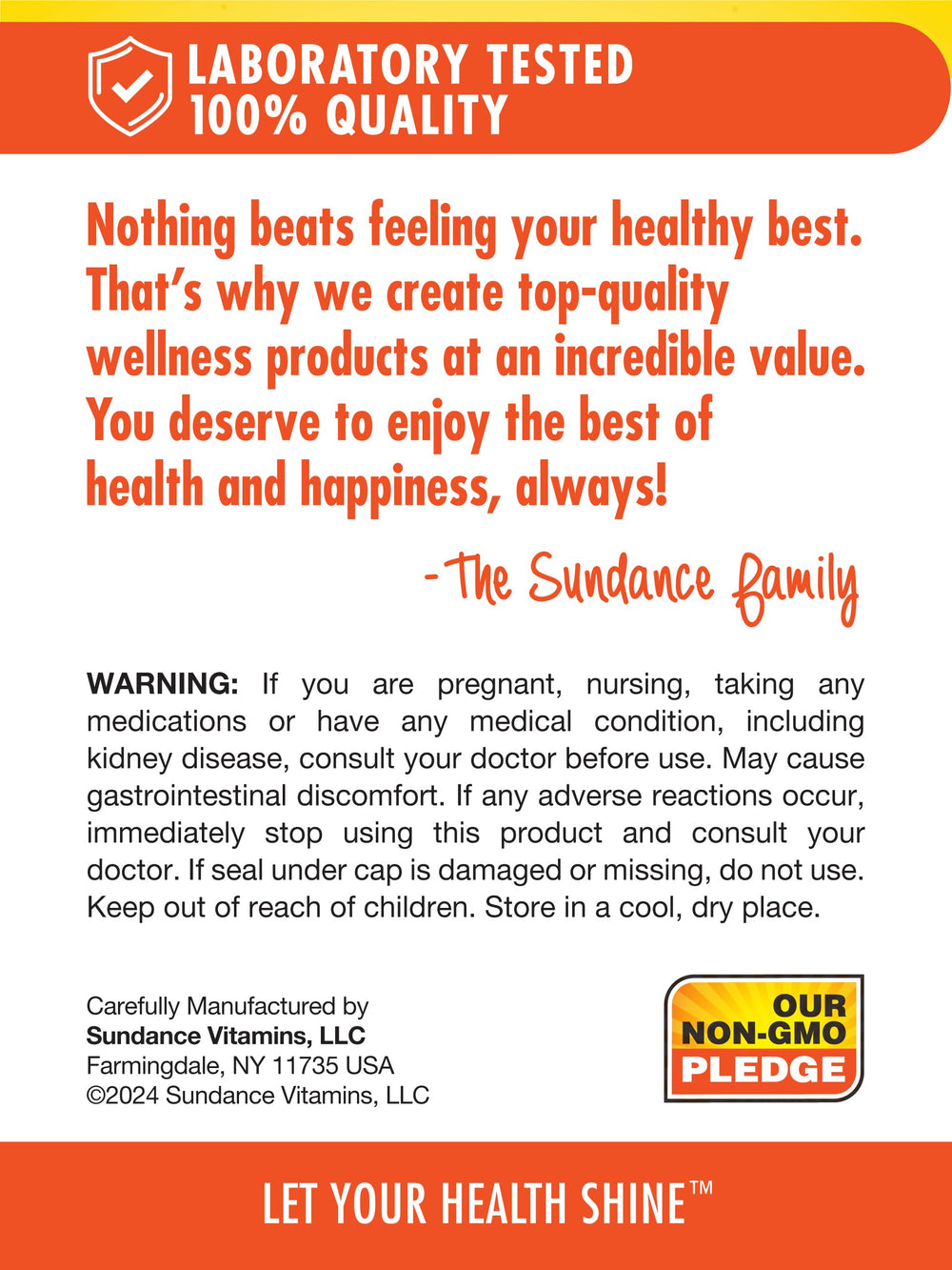 Gluten-free, vegetarian, and Non-GMO icons on Sundance label