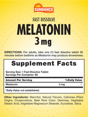 Close-up of Sundance Melatonin 3mg fast-dissolve tablet with berry flavor
