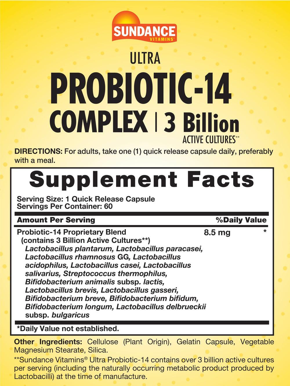 Close-up of Sundance Probiotic-14 Complex capsules